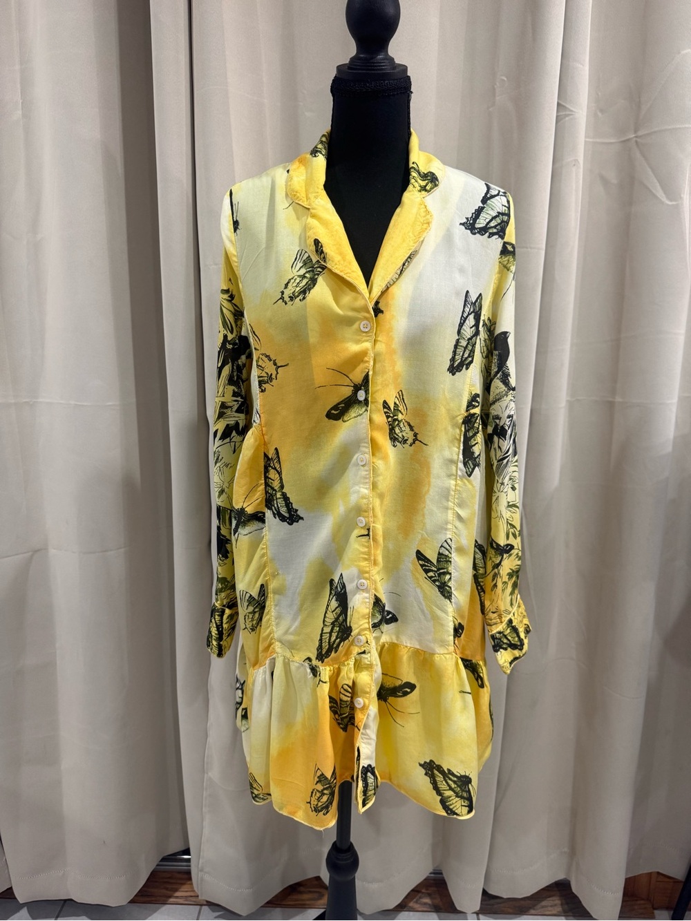 Anthropologie Yellow and Black Butterfly-Print dress